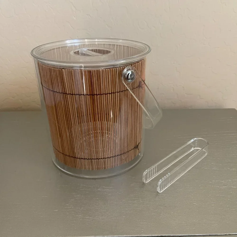 Clear Lucite Bamboo Tiki Ice Bucket With Handle Includes Matching Tongs